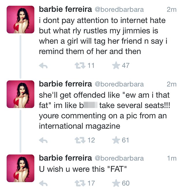 Plus-Size Model Barbara Ferreira Slams Body-Shaming Twitter Haters in the Best Way Ever If you're one of Barbara (Barbie) Ferreira's 112k Instagram followers, you know she's basically the coolest chick on social media. Plus, she's graced the pages of many issues of Seventeen! The self-proclaimed plus-size model has the cutest style and major confidence that's really inspiring. Plus, she's seriously so gorgeous. Like many girls on social media, Barbara's has to deal with body-shaming trolls who are obviously trying to knock down her killer confidence. Just yesterday, she took to Twitter to explain her frustration over the comments that she can't help but see. She was quickly jumped on again, with people saying she was "skinny shaming." But, she explained, it's not the same thing, tweeting: "girls with chubby tummys and flabby arms are still ridiculed, cellulite still airbrushed etc thin ppl STILL are the beauty norm."